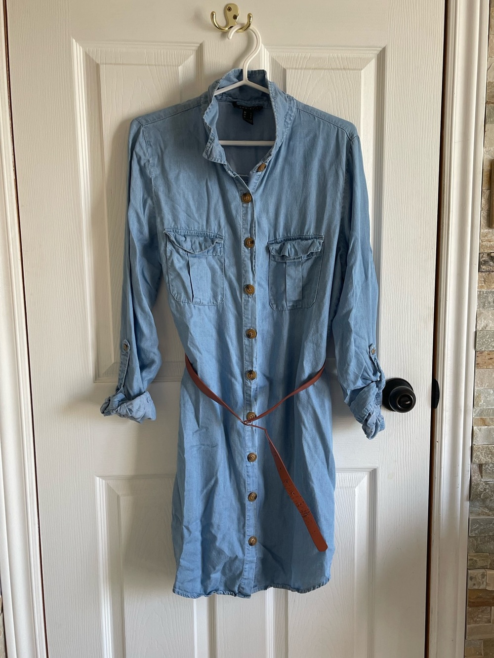 Light Blue Button-Down Shirt Dress with Brown Belt
